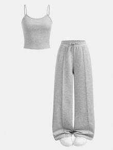 2pcs/Set Teen Girl Casual Fashion Knit Grey Camisole + Grey Drawstring Pocket Pleated Long Sports Pants, Spring/Summer