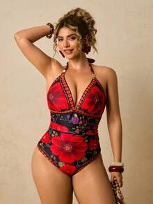 Travachic 大码休闲夏季热带沙滩彩色花卉印花V领性感连体泳衣（女款） - 黑色 - 查看 1