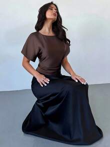 Women's Casual Brown Satin Round Neck Batwing Short Sleeve Asymmetrical Blouse - Brown - View 6