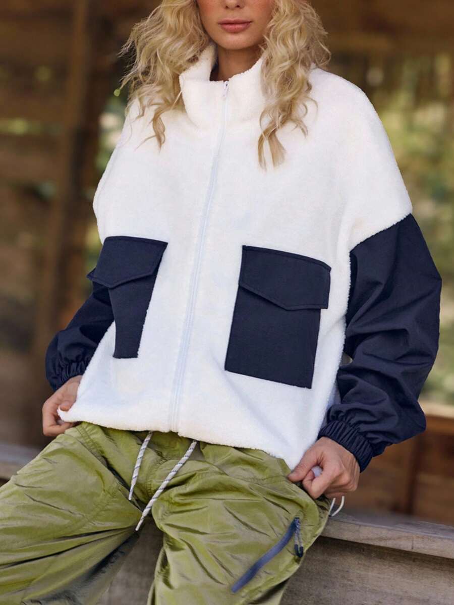 SHEIN Unity 女士撞色立领拉链休闲宽松外套,适合度假和通勤。 - 白色 - 查看 1