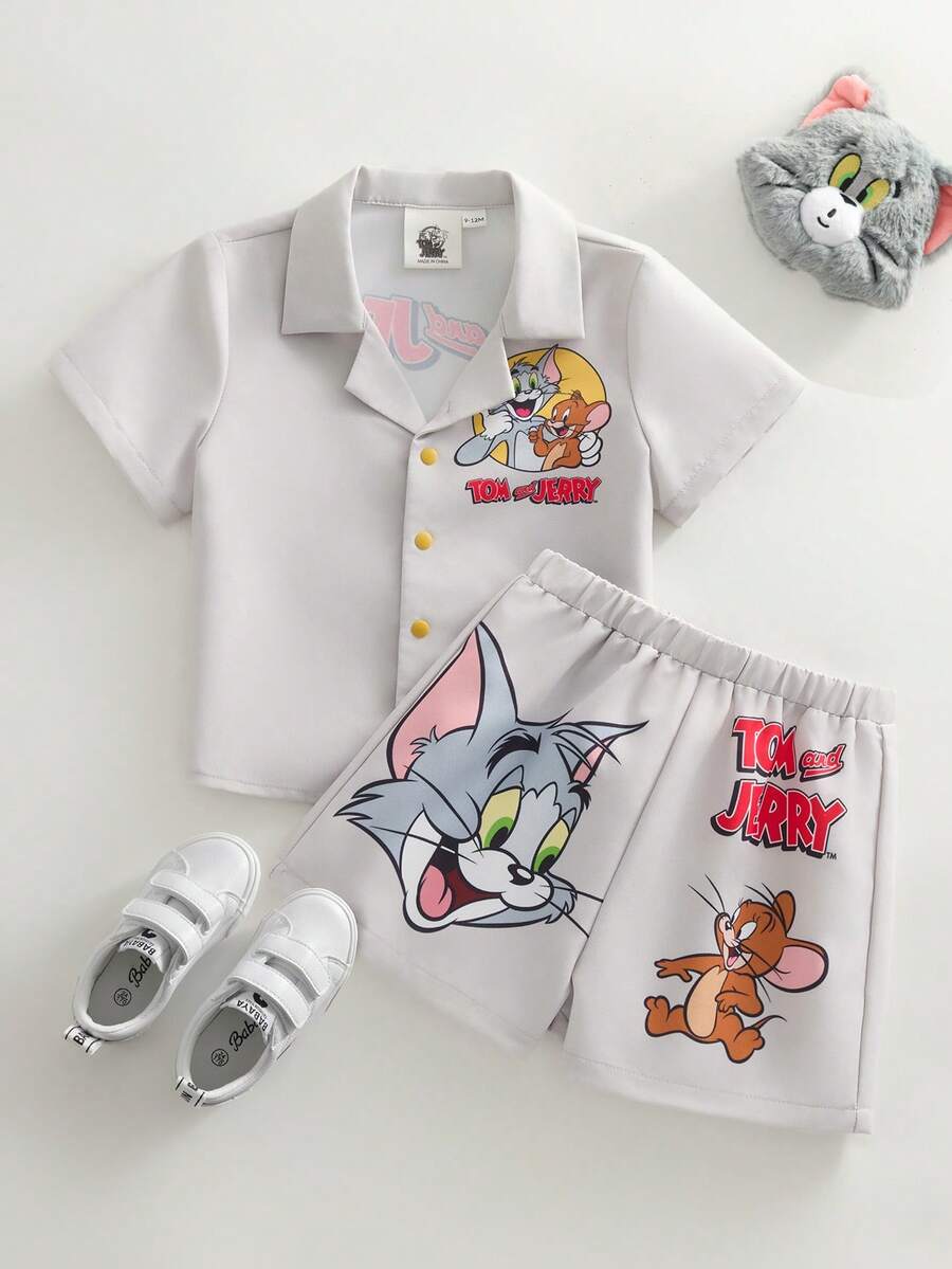 TOM & JERRY X SHEIN 2pcs Baby Boy Casual Cute Cartoon Pattern Short Sleeve T-Shirt And Shorts Set, Summer - Khaki - View 1