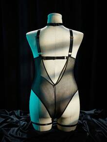 SpicyHot 两件套加大码性感黑色蕾丝午夜诱惑可调节缎带连体衣，配吊袜带和颈链，无罩杯内衣套装