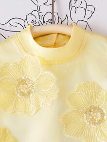 Elladie kids 2pcs/Set Young Girls Yellow Sleeveless Mandarin Collar Sequin Floral Vest & Straight Leg Pants,Summer 7th Birthday Middle Eastern Style Satin Outfits - Yellow - View 4