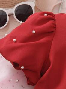 1pc Young Girl Deep Red Short Sleeve Round Neck Cake Dress,3D Ruffle & Pearl Decor,Summer Satin Party Dress,Flattering Silhouette For Celebration - Red - View 7