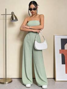 Mono sin espalda, diseño monocromo, pantalones holgados, estilo sensual. - Verde - Ver 4