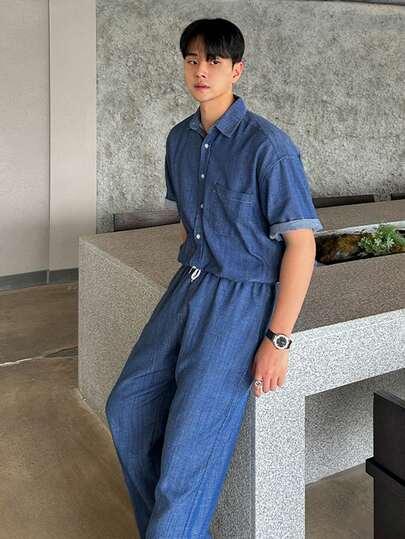 DAZY 男士纯色蓝色弹力腰裤衬衫套装，春夏款