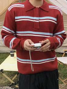 DAZY Spring Men's Striped Polo Neck Sweater With Red Base And Blue & Yellow Stripes - Multicolor - View 5