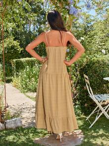 KARISMINA Solid Color Woven Fitted A-Line Dress For Women, Spring/Summer Vacation - Apricot - View 2