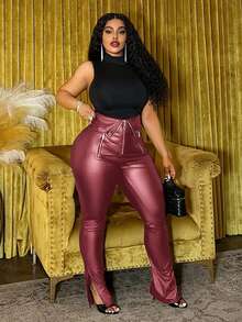 Slaydiva 2025秋冬新品，优雅街头风休闲派对聚会音乐节必备单品，修身纯黑色长裤，拉链装饰，不规则腰线，脚踝开衩，紧身裤型，PU涂层面料，弹力材质，大码长裤 - A - 酒紅色 - 查看 8