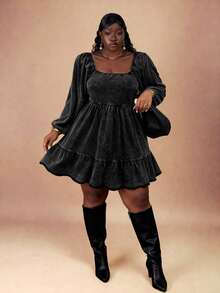 CurvyTilda 加大码女式水洗面料黑色腰部褶皱喇叭下摆休闲连衣裙，系带设计，百搭