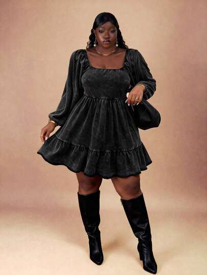 CurvyTilda 加大码女式水洗面料黑色腰部褶皱喇叭下摆休闲连衣裙，系带设计，百搭