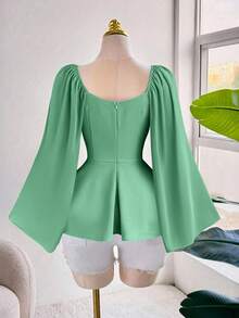 Sweetra Blusa holgada de mujer talla grande con cuello francés elegante y romántica, de gasa, con mangas acampanadas y cintura elástica, para uso diario y casual, primavera/otoño - Verde - Ver 3