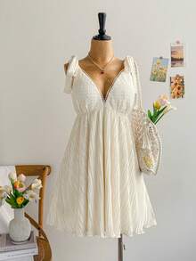 Soleia 大码女式纹理针织拼接褶皱系带迷你连衣裙，适合夏季、春季、情人节穿着 - 杏色 - 查看 2