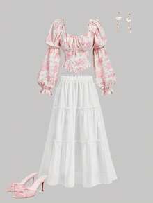 SHEIN MOD Áo kiểu nữ cổ tim thắt nơ phía trước, tay phồng họa tiết hoa lãng mạn, dài tay, thích hợp dự tiệc, thanh lịch, họa tiết hoa, màu hồng, đi nghỉ mát, lễ hội, phong cách Gothic, ngày lễ, ngày Valentine. - Nhiều màu - Xem 3