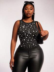 Radiana 大码女装时尚街头风性感休闲重工装饰不对称水钻上衣，适合Y2K、Y3K、音乐节、派对、Live House、演唱会、购物等场合。黑色亮片上衣，黑色性感上衣，闪亮上衣，女士闪亮上衣，铆钉上衣，水钻上衣，无袖铆钉上衣，黑色铆钉上衣，女士皮革上衣，波点上衣，女士背心。 - 黑色 - 查看 2