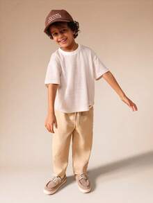 SUMWON Boys Striped Short Sleeve T-Shirt And Casual Pants Two Piece Set Summer Crew Neck Top With Elastic Waist Bottoms Kids Everyday Outfit - Apricot - View 1