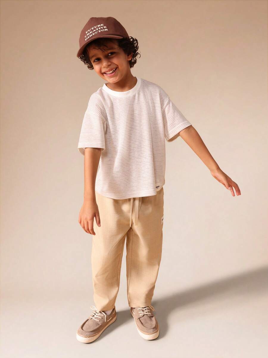 SUMWON Boys Striped Short Sleeve T-Shirt And Casual Pants Two Piece Set Summer Crew Neck Top With Elastic Waist Bottoms Kids Everyday Outfit - Apricot - View 1