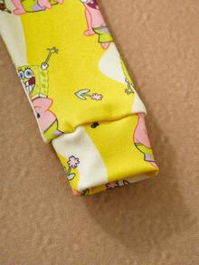 SpongeBob SquarePants | SHEIN Baby Girl Comfortable All-Over Print Crew Neck Long Sleeve T-Shirt And Leggings Pajama Set, Autumn - Yellow - View 5