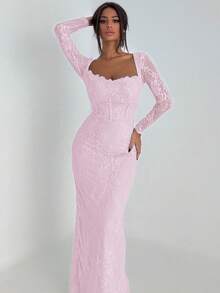 Ronhire 女士新款性感 S 形蕾丝长袖紧身连衣裙，带紧身胸衣和方形领口，适合派对、约会之夜、晚会、黑色、秋冬季 - 淺粉色 - 查看 1