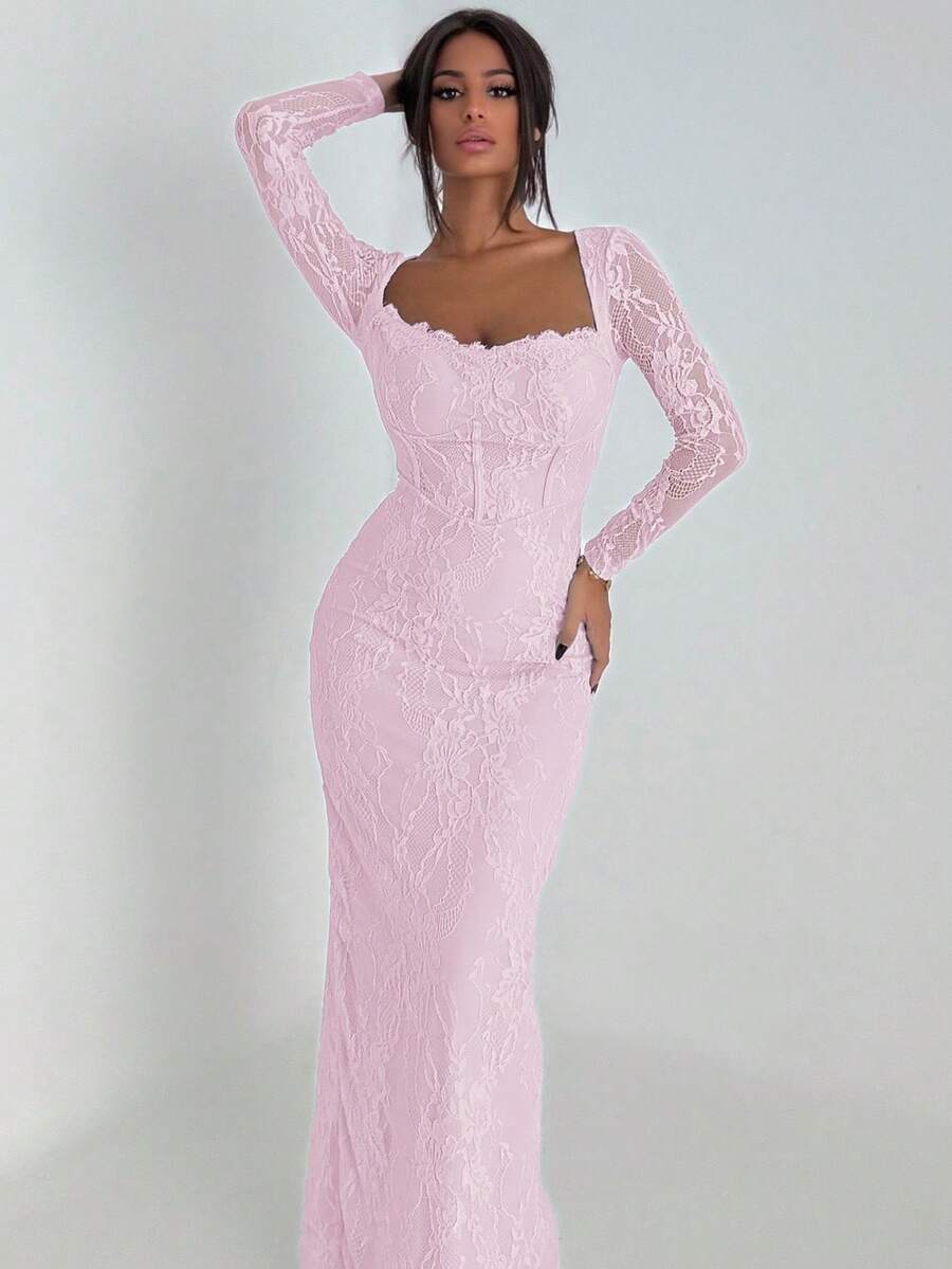 Ronhire 女士新款性感 S 形蕾丝长袖紧身连衣裙，带紧身胸衣和方形领口，适合派对、约会之夜、晚会、黑色、秋冬季 - 淺粉色 - 查看 1