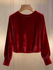 Franclia Minimalist Commuter Round Neck Long Sleeve Rhinestone Embellished Loose Velvet T-Shirt Dark Red Top Velvet Top Pearl Top Red Blouses Bling Top - Red - View 2