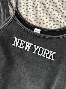 SHEIN 2pcs/Set Girls' Spring/Summer Black Snowflake Embroidered New York Text Ribbed Knit Camisole Jumpsuit And Casual Minimalist Retro Snowflake Print Pants Outfit - Dark Grey - View 5