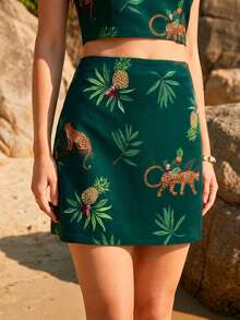 CAJUNI Gonna corta casual da donna per vacanze, con stampa tropicale di leopardo verde scuro e foglie di ananas, adatta per appuntamenti, vacanze, feste, festival musicali, inizio della stagione scolastica - Verde Scuro - Visualizzare 1