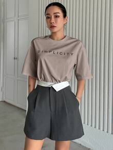 DAZY Letter Print Loose Fit Round Neck Women T-Shirt - Khaki - View 6