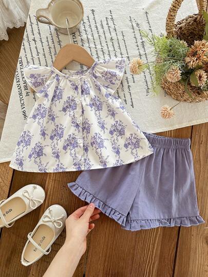 LMoss Kids 2pcs Baby Girl Floral Embroidery Short Sleeve Top And Green Shorts Set, Summer