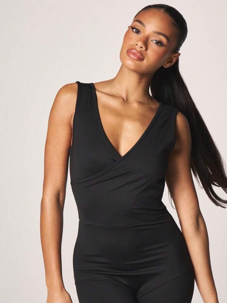 MISSGUIDED Sleeveless Wrap Front Full Length Black Jumpsuit With V Neckline For Casual Daily Wear And Workout
