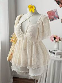 Sweetra Nueva blusa elegante y sexy para vacaciones de resort de playa con textura de encaje calado, volantes fruncidos, tirantes y mangas abullonadas para mujeres, cintura ceñida estilo bohemio - Albaricoque - Ver 6