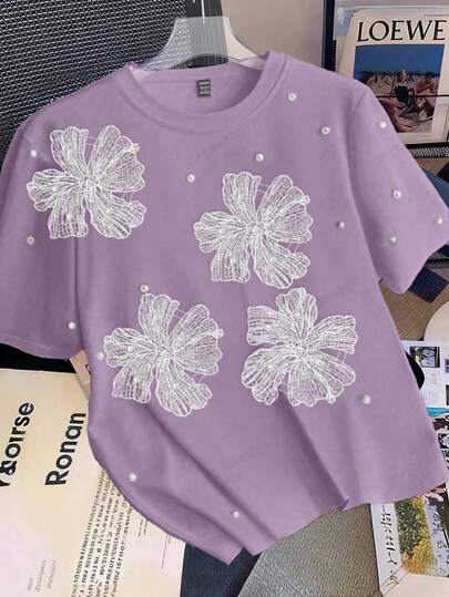 SHEIN Tall CURVE Camiseta de mujer talla grande elegante con cuello redondo y aplicaciones de cuentas, para verano