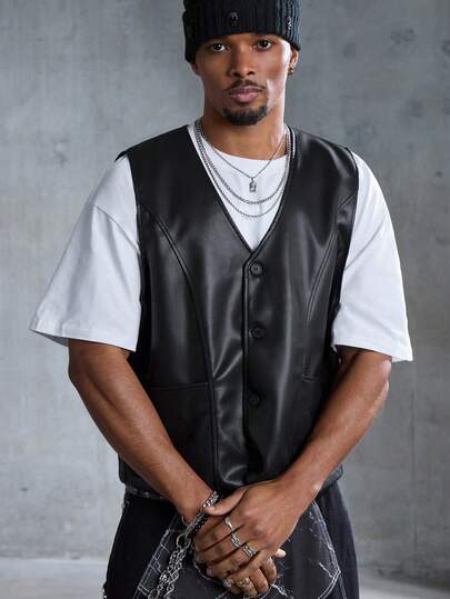 Street Life Men's Solid Color Minimalist Sleeveless Casual Street Leather Vest