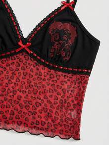 Betty Boop | ROMWE 女士时尚性感优雅豹纹撞色蕾丝水钻卡通图案半透明修身吊带背心，夏季 - 彩色 - 查看 2