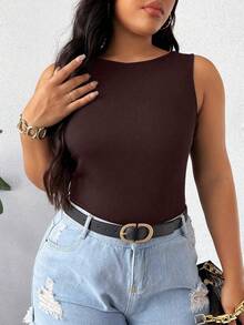 Elenzga Canotta aderente in maglia a costine di colore unito, casual e semplice, adatta per l'uso quotidiano e per il pendolarismo, disponibile in taglie comode per donne - Castano - Visualizzare 5