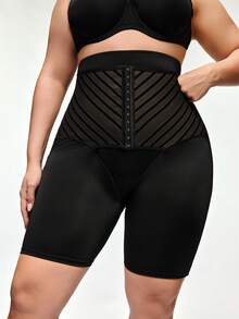 SHAPORA Plus Size Women Striped Patchwork Button High Waist Shapewear Pants - Black - View 5