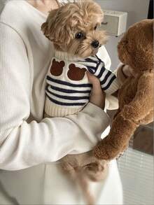 PETSIN 猫狗宠物冬季条纹毛衣，保暖可爱针织毛衣，超萌小熊图案 - 彩色 - 查看 6