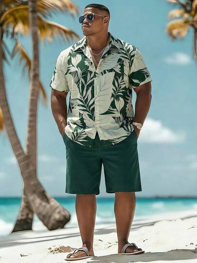 Manfinity Swimmode Plus Size Men's Simple Print Short Sleeve Top And Solid Color Shorts Beach Outfit