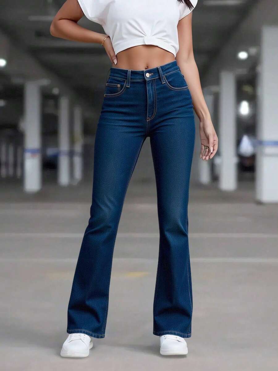 Jeans de dama Flare deslavado 5 bolsas - Azul lavado oscuro - Ver 1