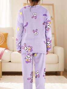 2Sets Conjunto de Pijamas para Mujer, Térmico y Grueso, Top y Pantalón de Polar Cálido para Invierno, con Estampado de Dibujos Animados - 5008Rosa sucio‌+Morado - Ver 10