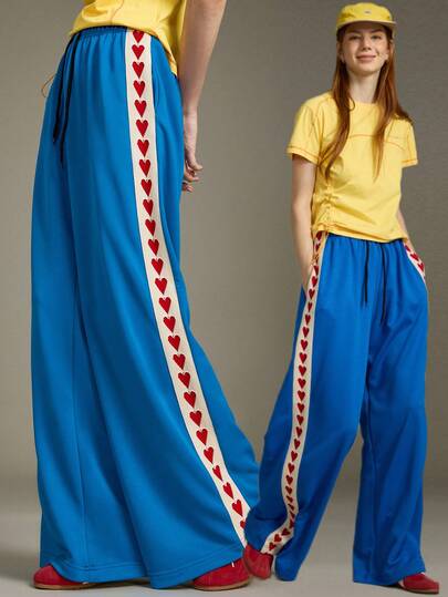 SHEIN PETITE 新款复古美式风格弹力腰阔腿裤，高腰宽松百搭爱心缎带装饰直筒哈伦裤，休闲嘻哈学院风