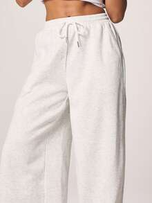 MISSGUIDED Heathered Light Grey Drawstring Wide Leg Sweatpants With Relaxed Jogger Style Elastic Waistband Perfect , Casual And Comfortable Everyday Wear - Grey - View 4
