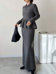 FRIFUL 女士 Polo 领 T 恤和 A 字裙两件套 - 黑色 - 查看 4