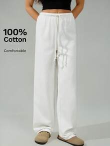 SHEIN Tall 100% 纯棉女式白色梭织裤，舒适秋冬春夏，百搭休闲装 - 白色 - 查看 3