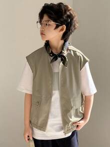 DAZY Tween Boy's Casual Solid Color Sleeveless Jacket, Summer Spring - Khaki - View 6