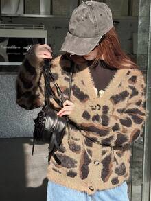 DAZY 少女休闲豹纹开衫，带口袋，秋冬季 - 棕色 - 查看 6