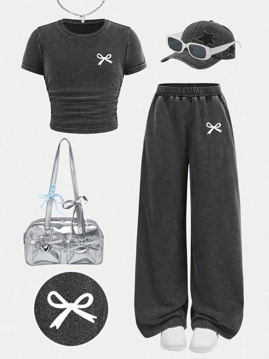 SHEIN Bộ áo thun croptop cổ tròn in họa tiết nơ và quần dài thoải mái cho bé gái tuổi mới lớn - Hồng - Xem 1