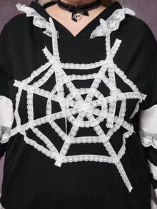 ROMWE Plus Size Women Gothic Lace Spider Web Patchwork Sweatshirt, Autumn/Winter Plus Size Hooded Pullover - Black - View 2