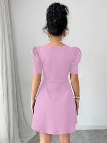 Elenzga Women's Square Neck Gigot Sleeve Beaded Mini Dress - Mauve Purple - View 2