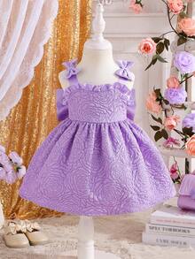 Elladie kids Váy bé gái dáng chữ A màu xanh thanh lịch mùa hè đính sequin, satin nơ, jacquard hoa, cho khách mời đám cưới, phù dâu, tiệc sinh nhật, lễ hội và kỷ niệm - Màu tím - Xem 3